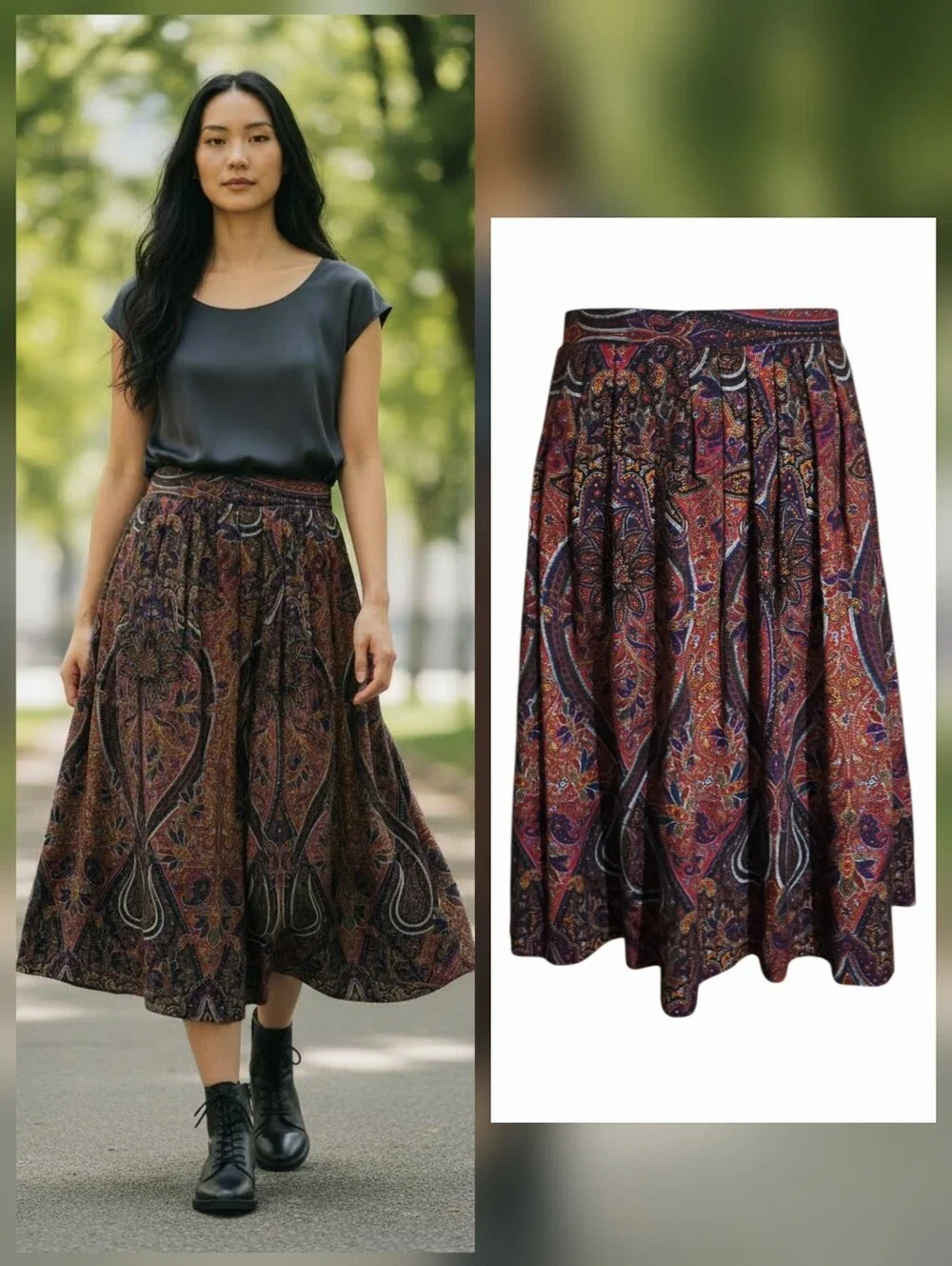TG Lands End 100% Wool Pleated Paisley Skirt Size 14 Whimsigoth Dark Academia